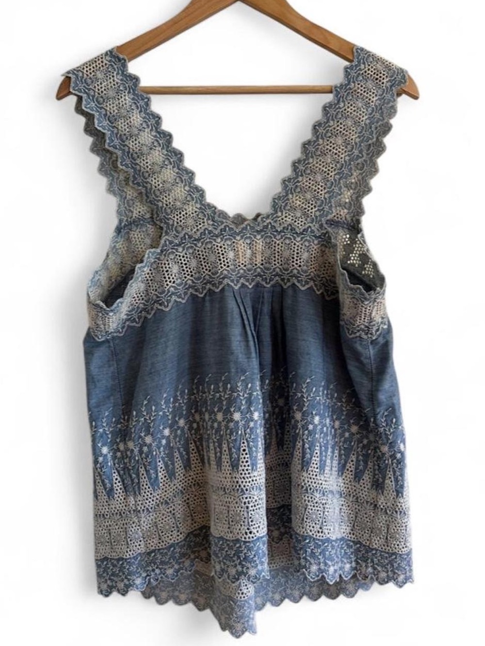Gap 1969 Embroidered Chambray Eyelet Babydoll Tank Top Blue L Cottagecore Boho - Picture 3 of 8